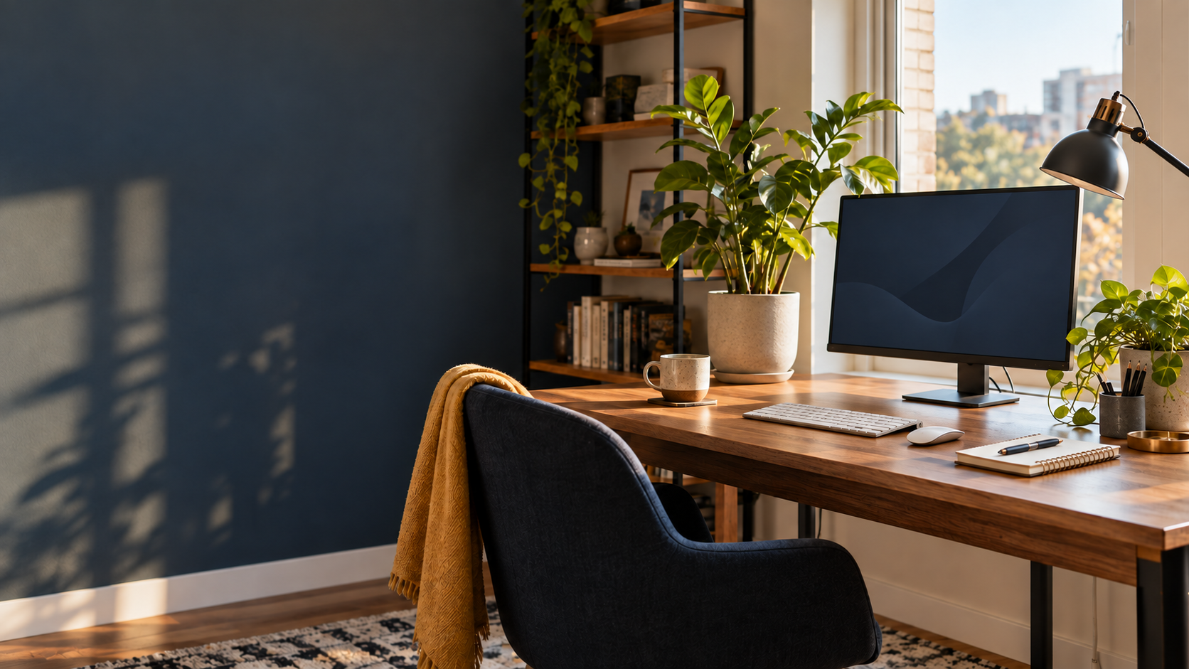 A calm home office with a desk, monitor, laptop and plants