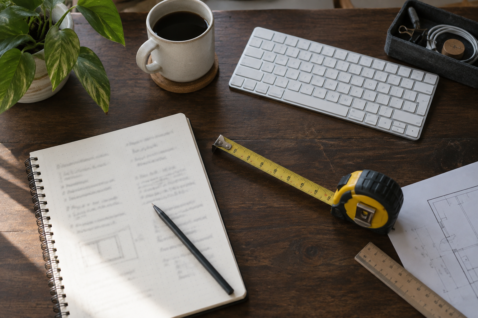 A work desk with a tape measure, notebook and keyboard